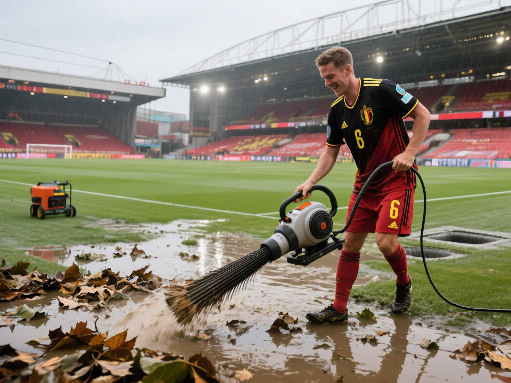 惊呆了！比利时国家队主场竟用吹叶机解决场地积水问题！